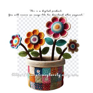 May include: A crocheted flower arrangement in a colourful patchwork pot. The flowers are in shades of pink, orange, yellow, and blue. The pot is made of a woven material and has a variety of colours and patterns.