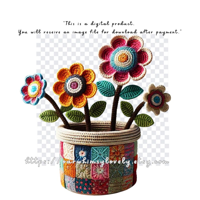 May include: A crocheted flower arrangement in a colourful patchwork pot. The flowers are in shades of pink, orange, yellow, and blue. The pot is made of a woven material and has a variety of colours and patterns.