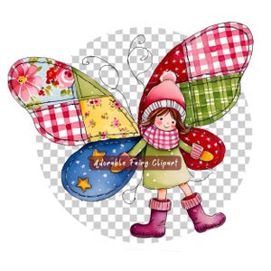Puede incluir: Una ilustración caprichosa de un hada con alas de retazos, que lleva un sombrero rosa, un vestido verde y botas rosas. Las alas están hechas de telas de diferentes colores, incluyendo rojo, verde, amarillo y azul. El hada sonríe y tiene el pelo castaño. El texto "Adorable Fairy Clipart" está escrito en las alas.