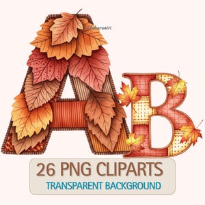 Autumn Watercolor Leaf Alphabet Clipart Set PNG – 26 Transparent Letters for Sublimation, Instant Download Fall Font Art, Digital Decor
