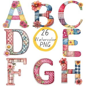 May include: A set of 26 watercolour alphabet letters in a patchwork style with floral accents. The letters are in a variety of colours, including pink, blue, red, yellow, and green. The letters are perfect for crafting projects, scrapbooking, and more.