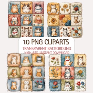 May include: A collection of 10 PNG clipart images featuring watercolor illustrations of cats on patchwork squares. The cats are depicted in various poses and colors, with some wearing accessories. The text "10 PNG CLIPARTS" is visible.