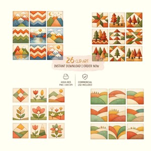 Scandinavian Autumn Patchwork Clipart PNG Bundle Transparent Background Digital Download