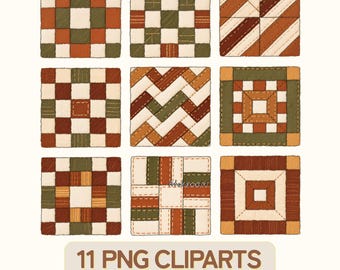 Autumn Quilt Block PNG Clipart: Fall Patchwork Squares (11 Digital Files