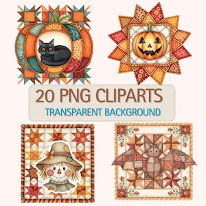 May include: Four Halloween-themed digital clip art designs. They feature a black cat in a pumpkin, a jack-o'-lantern, a scarecrow, and a bat, all in a patchwork quilt style. The text reads "20 PNG CLIPARTS TRANSPARENT BACKGROUND."