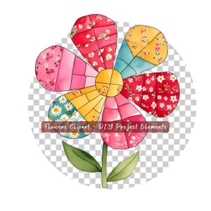 May include: A colourful patchwork flower with a yellow centre and green stem. The flower is made of different fabrics with floral patterns and is a DIY project element.