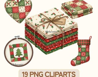 Christmas Quilt and Patchwork Clipart Set – 19 Transparent PNGs,