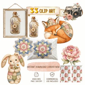 Set di clipart patchwork vintage – 33 immagini PNG trasparenti in stile artigianale