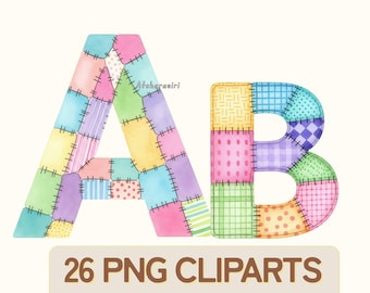 May include: Watercolor illustration of the letters "A" and "B" in a patchwork quilt design. The letters are composed of various pastel-colored fabric patches, stitched together. Below the letters is a banner with the text "26 PNG CLIPARTS TRANSPARENT BACKGROUND".
