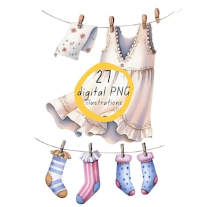 Watercolor Clipart Laundry Clothesline Set of 27 Elements PNG Digital Download Transparent Background for DIY Crafts and Projects