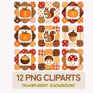 Puede incluir: Una colección de 12 cliparts PNG con ilustraciones temáticas de otoño. Los diseños incluyen calabazas, ardillas, bellotas y setas, sobre un fondo de patchwork con fondo transparente.