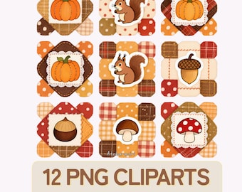 Autumn Quilt Block Embroidery Clipart: Rustic Patchwork PNGs (Digital Download)