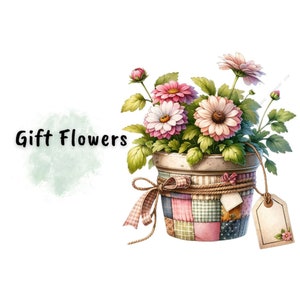 以下が含まれることがあります： ピンクと白の花束が、パッチワークの鉢に入っています。鉢には茶色の紐の弓と空白のギフトタグが付いています。画像には「Gift Flowers」というテキストが表示されています。