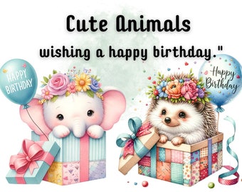 Cute animals wishing a happy birthday -clipart, watercolor illustration, birthday PNGs, watercolor animals, cute clipart