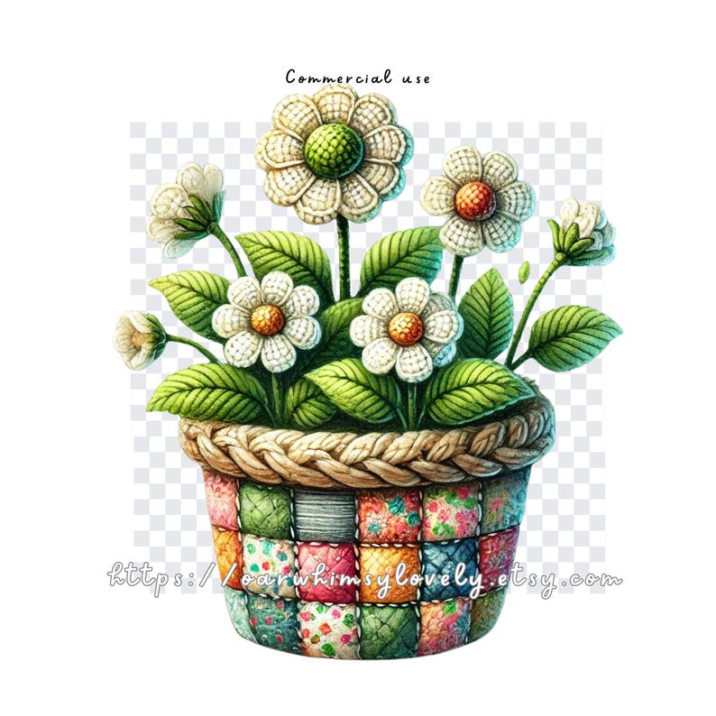 May include: A white crocheted flower arrangement in a patchwork fabric pot with a woven rim. The flowers are in shades of white and green with a yellow centre. The pot is decorated with a variety of colourful fabric squares.