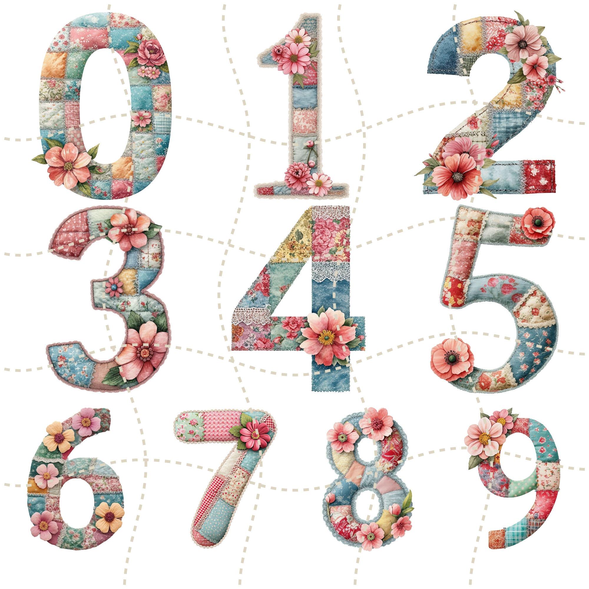 Patchwork Numbers 90 0-9 Spring Numbers Clipart - 10 PNG Watercolor Patchwork Digits ...