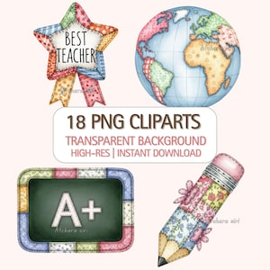 Peut inclure: Une collection numérique de 18 cliparts PNG comprenant une étoile style patchwork avec le texte BEST TEACHER, un globe, un tableau noir avec le texte A+ et un crayon. Les graphismes présentent des motifs floraux et à carreaux colorés.