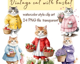 Vintage cat with basket watercolor style clipart 24 PNG file  transparent