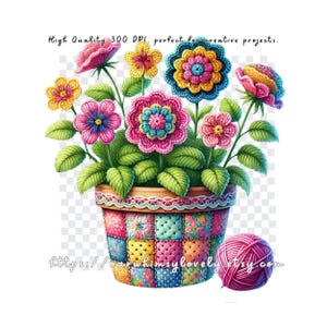 May include: A colourful crocheted flower arrangement in a patchwork pot with a ball of yarn next to it.