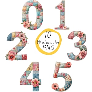May include: Ten watercolor illustrations of numbers 0 through 9. Each number is made of a patchwork of blue, pink, and white fabric with floral accents.