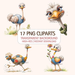 Cute Ostrich Clipart Set – 17 PNGs | Patchwork Style | Digital Download for Nursery Decor & Crafts
