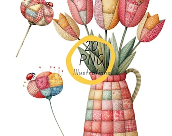 Patchwork Flower Clipart: 20 Fabric Style Floral PNG Elements (Digital Download)