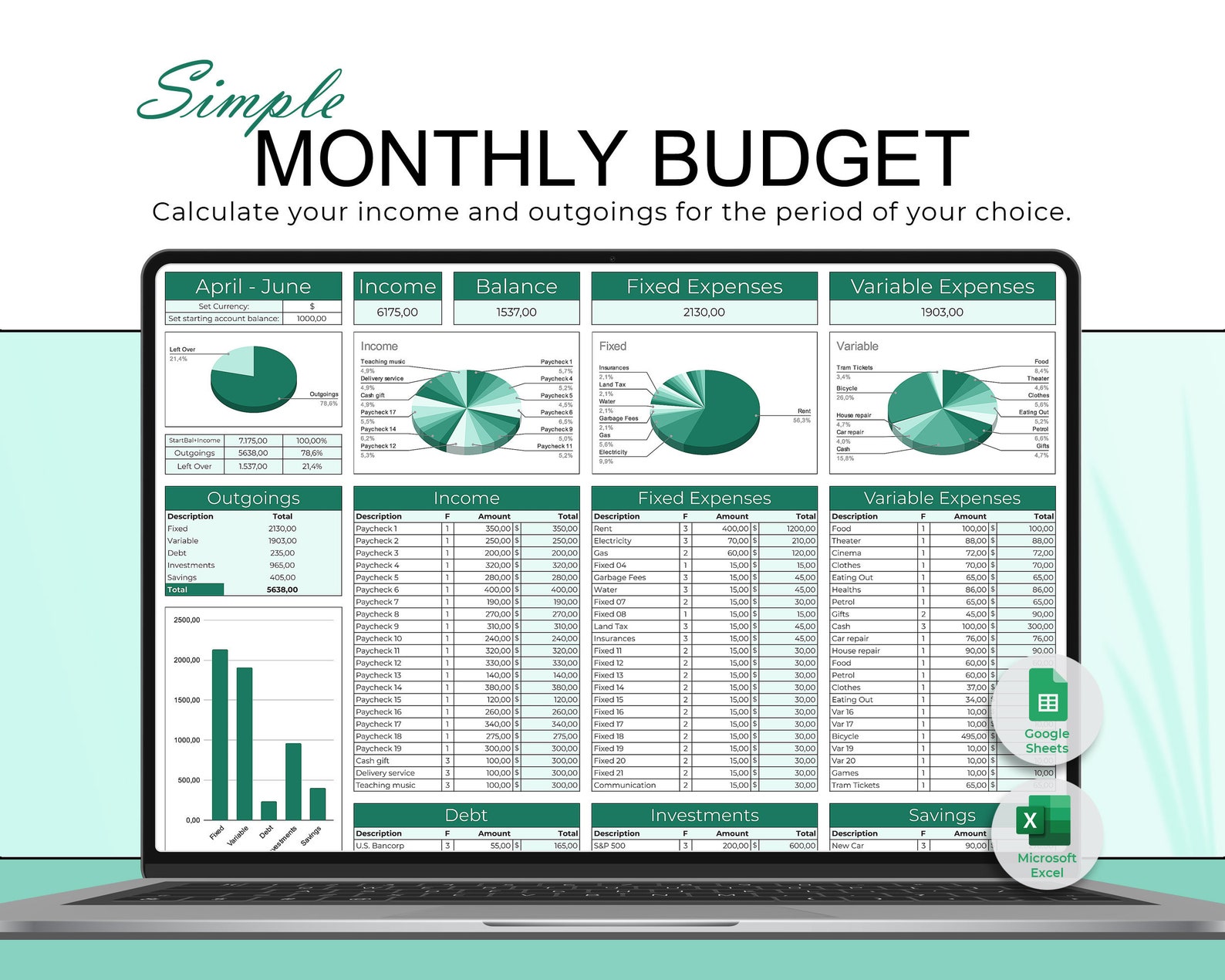 Month to Month Budget Spreadsheet Google Excel Simple Budget Template ...