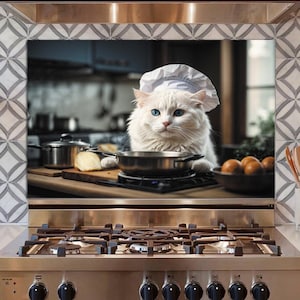 Couvercle supérieur de cuisinière en verre, chat blanc, décoration murale de cuisine de chef pour cuisinière à gaz, couvercle supérieur de dosseret de cuisine, stickers muraux, cadeaux pour elle