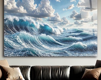 Glass Wall Art Ocean Tempered Glass Art Sea Wave Wall Hanging Blue Water Decor Large Wall Art