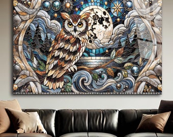 Tempered Glass Wall Art Stained Bird Stained Owl Decor Night Moon Owl Art-Glass Printing Art-Extra Large Wall Art Gifts-Stained Owl Wall Art