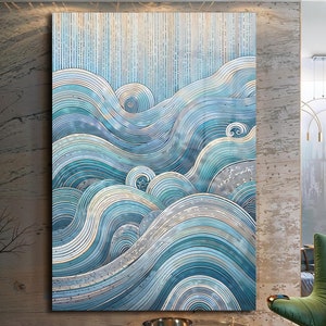 Décoration murale en verre - Grande oeuvre d&#39;art en verre trempé - oeuvre d&#39;art murale panoramique - oeuvre d&#39;art en verre océanique - Tenture murale vague de mer - Décoration bleu eau