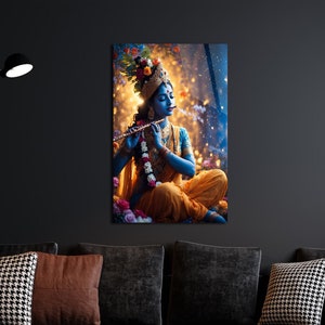 Dios hindú Krishna Arte de pared de vidrio templado / Arte de pared Krishna / Decoración de pared panorámica / Decoración de pared abstracta / Regalos de inauguración de la casa / Vidrio para el hogar /