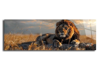 Impression d&#39;art mural Lion en verre trempé, décoration murale naturelle et vive, art mural moderne, art mural extra large, art mural safari, art mural Afrique