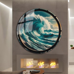 Tempered Glass Wall Art-Round Wall Art Gift-Circle Wall Art-Tempered Glass Art-Glass Wall Decor-Sea Waves wall art-Nautical Wall Art