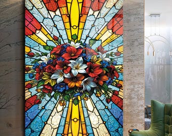 Flower Bouquet Stained Look Glass Wall Art, Colorful Floral Tempered Glass Artwork, Cathedral Window Background Horizontal Wall Decor