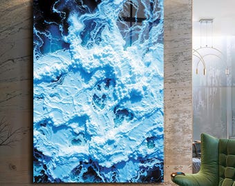 Tempered Glass Wall Art, Ocean Waves Sea Foam Glass Print, Luxury 3D Aerial Blue Ocean Water Decor, Large Living Room Beach House Hanging