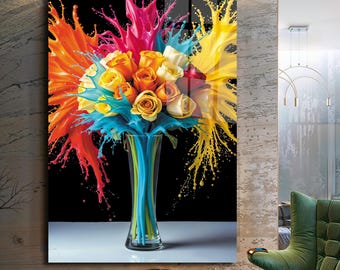 Tulip Bouquet Glass Wall Art, Paint Splash Flowers Tempered Glass Artwork, Vibrant Floral Wall Decor, Living Room Art