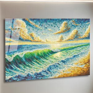 Ocean waves at sunrise Faux Stained Glass Wall Art on Glossy Tile Artful Display Piece and Gift, Tempered Glass Wall Art, Ocean Scene Wall