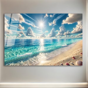 Arte de pared de vidrio templado-Arte de pared panorámico-Impresión en vidrio-Arte de pared extra grande-Impresión panorámica de tamaño mega-Arte de pared de playa oceánica-Playa tropical