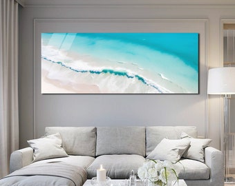 Arte mural de vidrio templado - Arte mural panorámico - Decoración del hogar - Regalos de arte mural de olas del océano para ella - Arte de olas marinas - Arte mural abstracto azul - Arte de vidrio oceánico