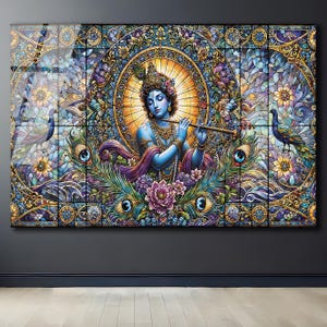Arte de parede em vidro temperado com o deus hindu Krishna | Arte de parede com Krishna | Decoração de parede panorâmica | Decoração de parede abstrata | Presentes de inauguração de casa | Vidro para casa |
