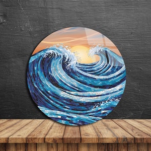 Tempered Glass Wall Art-Round Wall Art Gift-Circle Wall Art-Tempered Glass Art-Glass Wall Decor-Sea Waves wall art-Tropical Beach Wall Art