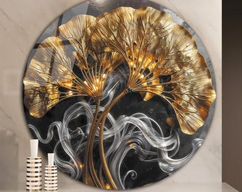 Gold Ginkgo Biloba Leaves Glass Print, Round Tempered Glass Wall Art, Luxury Circle Botanical Wall Decor, Modern Living Room Wall Hanging