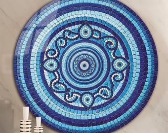 Deep Blue Evil Eye Wall Art, Mosaic Nazar wall art in Bold Glass Style, Round Protective Glass wall art for Entryway & Spiritual Home Decor