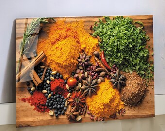 Colorful Kitchen Spices and Herbs Tempered Glass Wall Art, Culinary Food Wall Decor, Large Dining Room Restaurant Hanging