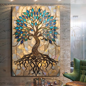 May include: A stained glass artwork depicting a tree with a brown trunk and roots, and blue and green leaves. The background is a mosaic of off-white and beige pieces. The artwork is displayed on a textured wall, with a green armchair and a glass table in the foreground.