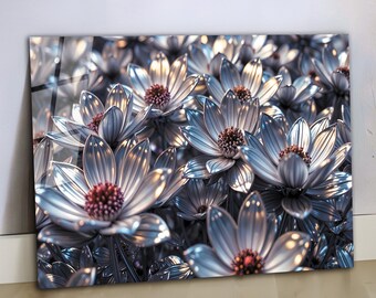 Tempered Glass Wall Art, Metallic Silver Daisy Glass Print, Luxury Platinum Floral Wall Decor, Large Horizontal Living Room Bedroom Hanging