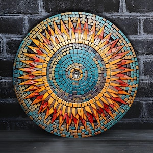 May include: A circular mosaic wall art piece with a sunburst design. The mosaic is made of small, colorful tiles in shades of blue, yellow, orange, and red. The center of the sunburst is a small, round, blue tile.