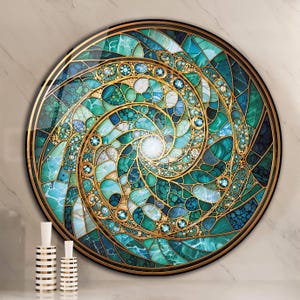 May include: A round, mosaic-style wall art piece with a spiral design. The artwork features shades of teal, blue, and gold, with a central glowing light. Decorative blue gems and gold accents enhance the design. The piece is framed in black.