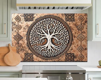 Tree of Life glazen backsplash, backsplash van gehard glas voor keuken, backsplash keuken achter fornuis, backsplash rustieke kachel, spatscherm